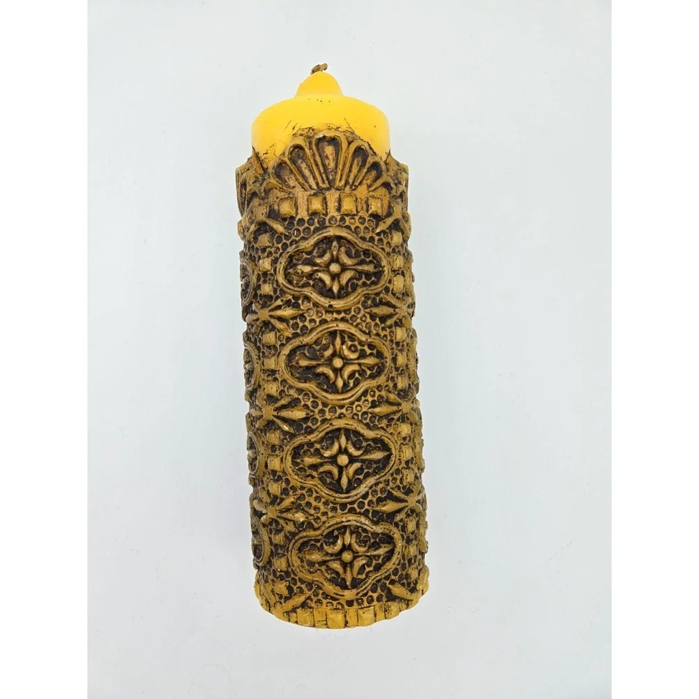 VTG 70s Pillar Candle Unscented Yellow Carved MCM Boho Hippie Retro Castle 9.75